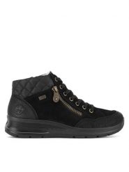 Rieker Botki L7701-00 Czarny. Czarne botki Rieker, bez wzorów, ze skóry, bez obcasa, na płaskiej podeszwie, bez zapięcia. Za 399.99 zł.