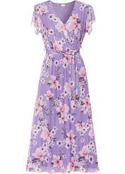 Sukienka midi z siatkowego materiału z nadrukiem. Fioletowe sukienki bonprix, bez wzorów, bez kołnierzyka, bez ramiączek, midi. Za 159.99 zł.