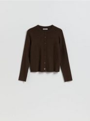 Kardigan z dodatkiem modalu - ciemnobrązowy. Brązowe kardigany Reserved, l, bez wzorów, z dzianiny. Za 119.99 zł.