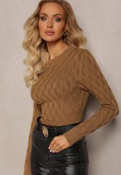 Brązowy Sweter z Okrągłym Dekoltem i Tłoczeniami w Kształcie Liści Timaphone. Brązowe swetry Renee, z aplikacjami, bez ramiączek. Za 54.99 zł.