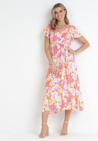 Pomarańczowa Rozkloszowana Sukienka z Wiskozy i Wiązanym Paskiem Asaria. Brązowe sukienki Born2be, na lato, l, bez wzorów, z materiału, bez kołnierzyka, bez ramiączek, rozkloszowane. Za 79.99 zł.