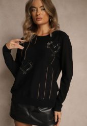 Czarny Sweter z Cyrkoniowymi Sercami Unorevia. Czarne swetry Renee, l, bez wzorów, z jeansu, bez ramiączek. Za 79.99 zł.