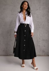 Czarna Rozkloszowana Spódnica z Kieszonkami i Paskiem z Klamrą Qualea. Czarne spódnice Renee, na co dzień, l, bez wzorów, z bawełny, eleganckie, midi, dopasowane. Za 129.99 zł.