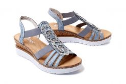 RIEKER V38H8-12 blue, sandały damskie. Niebieskie sandały Rieker, bez wzorów, bez obcasa, na koturnie, bez zapięcia. Za 309.90 zł.