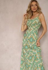 Zielona Sukienka z Wiskozy na Cienkich Regulowanych Ramiączkach z Gumkami w Talii Estilla. Zielone sukienki Renee, na co dzień, na lato, s, bez wzorów, z wiskozy, eleganckie, bez kołnierzyka, bez ramiączek, maxi, proste. Za 69.99 zł.