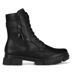 Botki Rieker. Czarne botki Rieker, bez wzorów, bez obcasa, na płaskiej podeszwie, bez zapięcia. Za 343.99 zł.