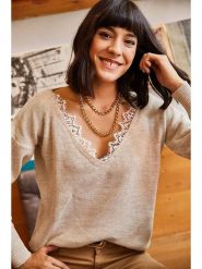 Olalook Sweter w kolorze beżowym rozmiar: onesize. Brązowe swetry Olalook, bez wzorów, z koronki, bez ramiączek. Za 65.85 zł.