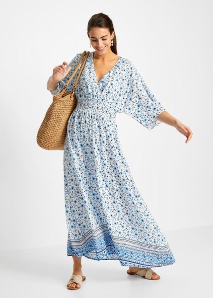 Długa sukienka z czystej wiskozy. Niebieskie sukienki bonprix, bez wzorów, z wiskozy, eleganckie, bez kołnierzyka, bez ramiączek, maxi. Za 137.99 zł.