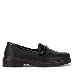 Lordsy Rieker. Czarne lordsy Rieker, bez wzorów, bez obcasa, bez zapięcia. Za 271.00 zł.