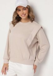 Beżowa Bluza z Wiskozą z Podkreśloną Linią Ramion Alithra. Brązowe bluzy Born2be, z aplikacjami, z jeansu, bez kaptura. Za 79.99 zł.