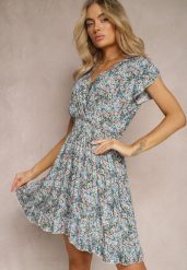 Niebieska Sukienka z Bawełny w Kwiaty z Gumką w Talii Gomalia. Niebieskie sukienki Renee, m, bez wzorów, z bawełny, bez kołnierzyka, bez ramiączek, mini. Za 39.99 zł.