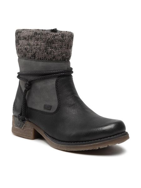 Rieker Botki 79688-00 Czarny. Czarne botki Rieker, bez wzorów, ze skóry, bez obcasa, na płaskiej podeszwie, bez zapięcia. Za 259.99 zł.