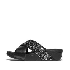 Klapki damskie FitFlop Lulu Crystal-Mix Metallic Cross. Czarne klapki FIT FLOP, bez wzorów, z gumy, bez obcasa. Za 493.50 zł.