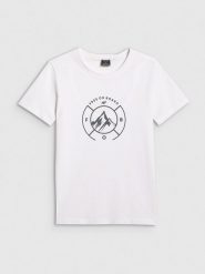 4F T-shirt regular z nadrukiem damski - biały L. Białe t-shirty 4f, l, bez wzorów, z bawełny, bez kołnierzyka, bez ramiączek. Za 59.99 zł.