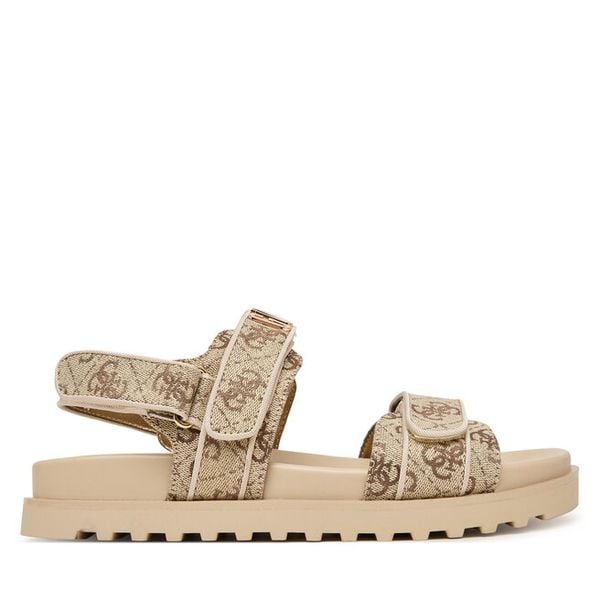 Sandały Guess. Brązowe sandały Guess, z aplikacjami, bez obcasa, na płaskiej podeszwie, bez zapięcia. Za 499.99 zł.