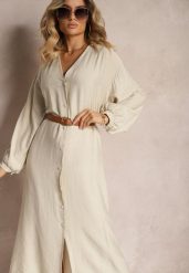 Beżowa Sukienka w Stylu Koszulowym z Bufiastymi Rękawami i Wiskozą Denisea. Brązowe sukienki Renee, na spotkanie biznesowe, bez wzorów, z tkaniny, eleganckie, bez kołnierzyka, bez ramiączek, midi, koszulowe. Za 74.99 zł.