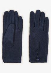 Granatowe Rękawiczki z Bawełną Ozdobione Rombami i Guzikiem Fenemi. Niebieskie rękawiczki Renee, bez wzorów, z bawełny, eleganckie. Za 24.99 zł.