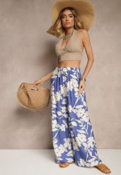 Niebieskie Szerokie Spodnie z Wiskozy High Waist w Kwiatowy Wzór Elaneora. Niebieskie spodnie materiałowe Renee, na co dzień, l, bez wzorów, z jeansu, z podwyższonym stanem. Za 39.99 zł.