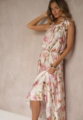 Różowa Sukienka z Satyny w Kwiatowy Wzór Fenimea. Czerwone sukienki Renee, na imprezę, na lato, s, bez wzorów, z satyny, eleganckie, bez kołnierzyka, bez ramiączek, maxi. Za 129.99 zł.