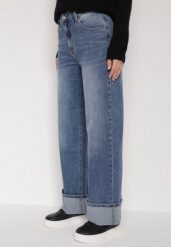 Niebieskie Szerokie Jeansy z Wysokim Stanem i Podwiniętymi Nogawkami Jilora. Niebieskie jeansy Born2be, l, bez wzorów, z podwyższonym stanem. Za 109.99 zł.