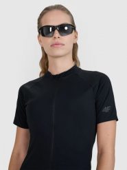 4F Koszulka rowerowa damska - czarna XL. Czarne koszulki sportowe 4f, bez wzorów, z materiału, bez ramiączek, rowerowe. W wyprzedaży za 119.99 zł.