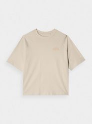 4F T-shirt oversize z nadrukiem damski - beżowy L. Brązowe t-shirty 4f, l, bez wzorów, z bawełny, bez kołnierzyka, bez ramiączek. W wyprzedaży za 29.99 zł.