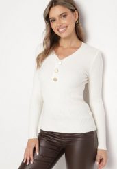 Biały Sweter z Bawełną z Prążkowanego Materiału Ozdobiony Guzikami Zinfera. Białe swetry Born2be, uniwersalny, bez wzorów, z bawełny, bez ramiączek. Za 44.99 zł.