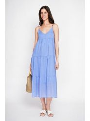 ASSUILI Lniana sukienka w kolorze błękitnym rozmiar: 34. Niebieskie sukienki Assuili, bez wzorów, ze lnu, bez kołnierzyka, bez ramiączek, maxi, rozkloszowane. Za 130.99 zł.