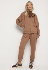 Ciemnobeżowy Komplet Dresowy Rozpinana Bluza i Spodnie Joggery z Bawełną Anarrise. Brązowe bluzy Born2be, l, bez wzorów, z bawełny, z kapturem. Za 149.99 zł.