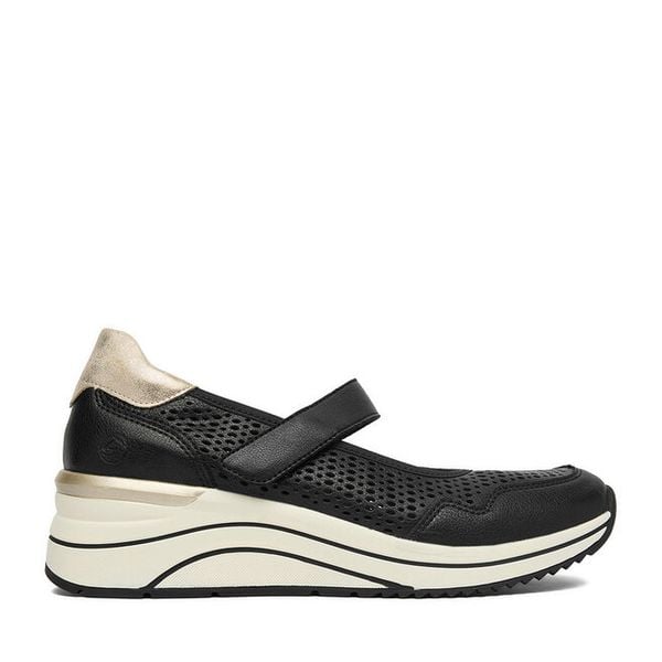 Półbuty Remonte. Czarne czółenka Remonte, bez wzorów, bez obcasa, na koturnie, bez zapięcia. Za 379.99 zł.