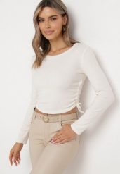 Jasnobeżowa Bluzka ze Sznurkami w Pasie po Bokach Kerenta. Brązowe bluzki Born2be, bez wzorów, eleganckie, bez kołnierzyka, bez ramiączek. W wyprzedaży za 59.49 zł.