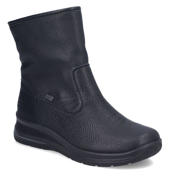 Wodoodporne botki damskie czarne Rieker L7760-00. Czarne botki Rieker, bez wzorów, ze skóry ekologicznej, bez obcasa, bez zapięcia. Za 389.00 zł.