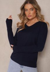 Granatowy Minimalistyczny Sweter z Dekoltem w Kształcie Litery V Sinovae. Niebieskie swetry Renee, m, bez wzorów, z jeansu, bez ramiączek. Za 39.99 zł.
