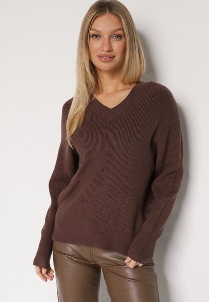 Brązowy Sweter z Domieszką Kaszmiru z Dekoltem w Serek Feralaine. Brązowe swetry Born2be, bez wzorów, z jeansu, bez ramiączek. Za 109.99 zł.