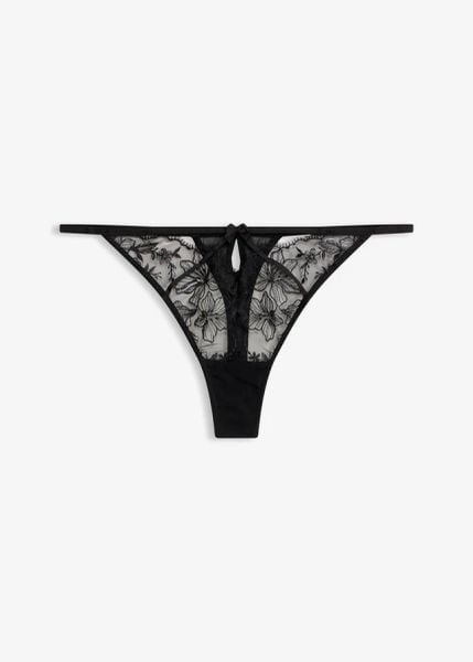 Stringi z eleganckim haftem. Czarne stringi bonprix, bez wzorów. Za 34.99 zł.