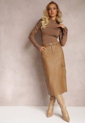 Beżowa Spódnica Midi z Imitacji Skóry Paskiem i Kieszeniami Cargo Edvardisa. Brązowe spódnice Renee, m, bez wzorów, ze skóry, midi, ołówkowe. Za 144.99 zł.