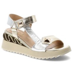 Sandały damskie S.Barski, cholewka ze skóry naturalnej na podwyższonej podeszwie z dekoracyjnym wycięciem w obcasie i metalicznymi paskami z geometry. Żółte sandały S.BARSKI, bez wzorów, ze skóry, bez obcasa, na koturnie, bez zapięcia. Za 289.00 zł.