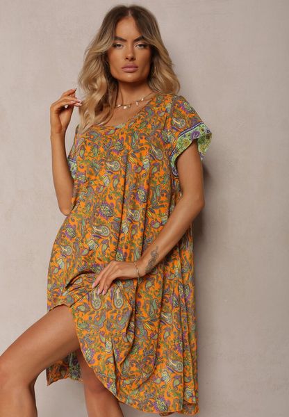 Żółto-Zielona Rozkloszowana Sukienka z Wiskozy w Kwiaty Rivanira. Żółte sukienki Renee, na co dzień, bez wzorów, z jeansu, bez kołnierzyka, bez ramiączek, midi, proste. Za 69.99 zł.