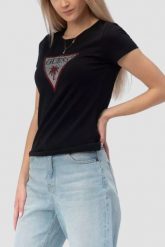 GUESS Czarny damski t-shirt z logo z cyrkoniami Triangle Rhinestones, Rozmiar S. Czarne t-shirty Guess, s, z aplikacjami, bez kołnierzyka, bez ramiączek. W wyprzedaży za 89.99 zł.