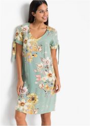 Sukienka z lejącej wiskozy. Zielone sukienki bonprix, z aplikacjami, z wiskozy, eleganckie, bez kołnierzyka, bez ramiączek. Za 124.99 zł.