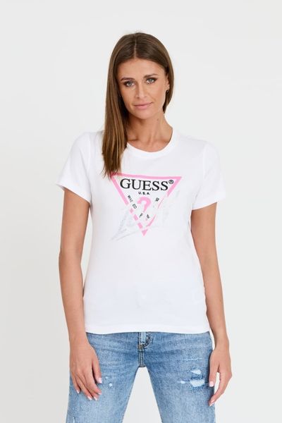GUESS Biały damski T-shirt bawełniany Icon Tee, Rozmiar M. Białe t-shirty Guess, m, z aplikacjami, z bawełny, bez kołnierzyka, bez ramiączek. W wyprzedaży za 136.99 zł.