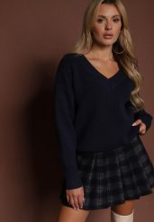 Granatowy Sweter z Kaszmirem i Trójkątnym Dekoltem Plenne. Niebieskie swetry Renee, bez wzorów, z kaszmiru, bez ramiączek. Za 129.99 zł.