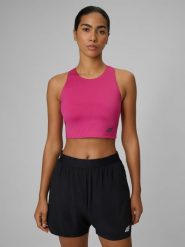 4F Crop top do biegania szybkoschnący damski - różowy M. Czerwone topy 4f, l, bez wzorów, bez kołnierzyka, bez ramiączek. Za 129.99 zł.
