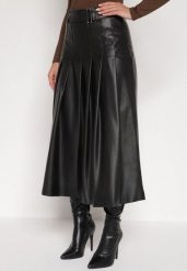 Czarna Rozkloszowana Spódnica z Imitacji Skóry Zdobiona Plisami Tusbella. Czarne spódnice Born2be, na co dzień, l, z aplikacjami, ze skóry, eleganckie, midi, proste. Za 169.99 zł.