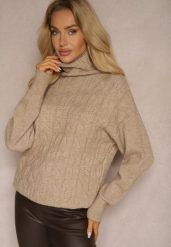 Ciemnobeżowy Casualowy Golf z Tłoczonym Wzorem Daivyn. Brązowe golfy Renee, s, z aplikacjami, z jeansu, bez ramiączek. Za 79.99 zł.
