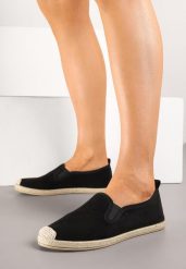 Czarne Espadryle z Elastycznymi Wstawkami Zdobione Plecionką Nitelisa. Czarne espadryle Born2be, z aplikacjami, z jeansu, bez obcasa, bez zapięcia. Za 59.99 zł.