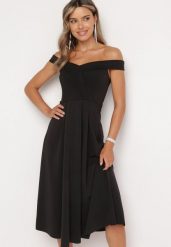 Czarna Elegancka Sukienka o Fasonie Hiszpanki z Materiałowym Paskiem Xaelia. Czarne sukienki Born2be, na spotkanie biznesowe, s, bez wzorów, z materiału, eleganckie, bez kołnierzyka, bez ramiączek, midi. Za 129.99 zł.