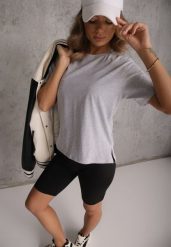 Szary Bawełniany T-shirt Ozdobiony po Bokach Rozcięciami Brinelle. Szare t-shirty Renee, m, bez wzorów, z bawełny, bez kołnierzyka, bez ramiączek. Za 39.99 zł.