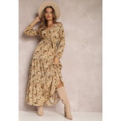 Beżowa Sukienka Kopertowa Maxi Fisa. Brązowe sukienki Renee, l, z aplikacjami, z tkaniny, boho, bez kołnierzyka, bez ramiączek, maxi, kopertowe. Za 89.99 zł.