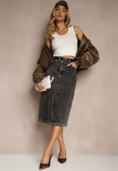 Czarna Jeansowa Spódnica z Bawełny High Waist z Rozcięciem i Paskiem w Zestawie Isanira. Czarne spódnice Renee, do pracy, l, bez wzorów, z bawełny, biznesowe, midi, proste. Za 129.99 zł.